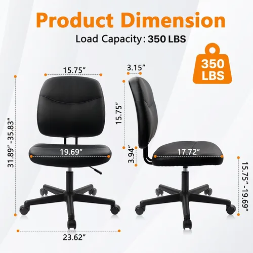 Vista 3 de CLATINA Silla de oficina en casa sin brazos, pequeña silla ergonómica de piel sintética con respaldo bajo con soporte lumbar y ruedas, altura