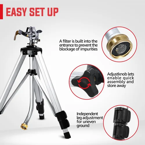 Vista 6 de YAMATIC Aspersor de impacto en base de trípode ajustable, área grande de 360 grados, rociador pulsador ajustable resistente para riego de césped