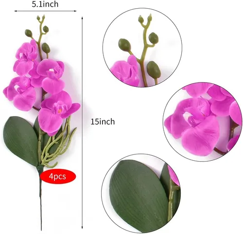 Vista 7 de Flores artificiales de seda falaenopsis con hojas de orquídeas falsas
