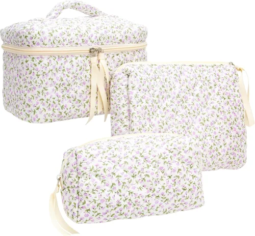 Vista 46 de PAZIMIIK - Bolsa de maquillaje de algodón para mujer, grande, acolchada para viaje, Rosa (Bow Pink), Vintage