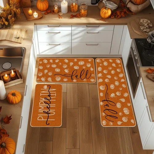 Vista 2 de Artoid Mode Juego de 3 tapetes de cocina naranja con texto en inglés "Hello Pumpkin", decoración otoñal para el hogar, alfombras de cocina de bajo