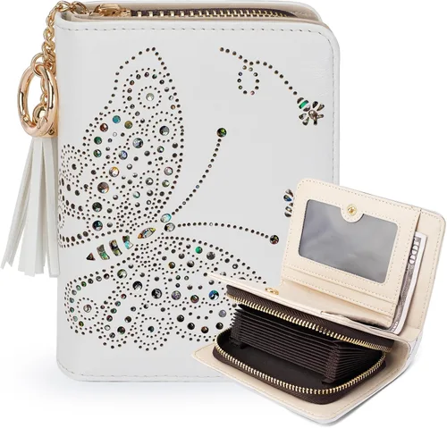 Vista 9 de KITEVIUN Cartera RFID delgada para mujer con doble pliegue, tarjetero con cremallera y monedero, cartera ultradelgada compacta con ventana
