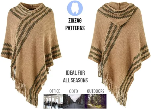 Vista 3 de Ferand Suéter poncho de punto con capucha y rayas en zigzag para mujer con flecos