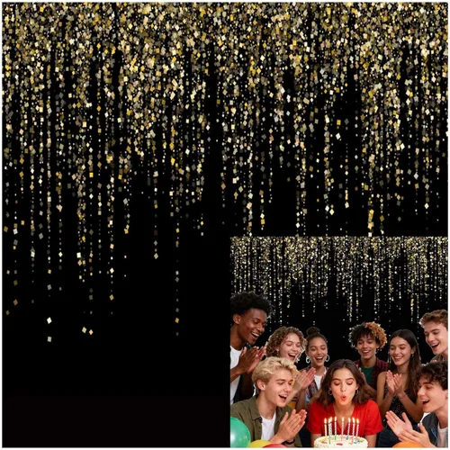 Vista 8 de Telón de fondo de lentejuelas Bokeh con purpurina negra y dorada de 6 x 6 pies, elegante decoración de fiesta de cumpleaños, boda, aniversario