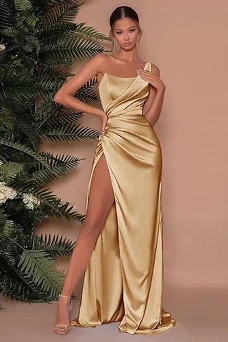 Vista 2 de Vestidos de dama de honor de un hombro para mujer, vestidos de sirena de satén con abertura, vestidos de fiesta formales plisados PA382