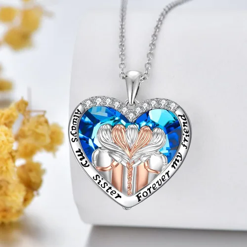 Vista 5 de POPKIMI Collar de plata de ley 925 para hermana, regalo de cumpleaños para hermanas, mamá, hija, collar de cristal con texto en inglés "Always My