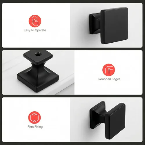 Vista 6 de homdiy Paquete de 5 pomos negros para gabinetes, pomos de cajón, pomos cuadrados sólidos para aparadores MO6785BK, herrajes negros para cajones