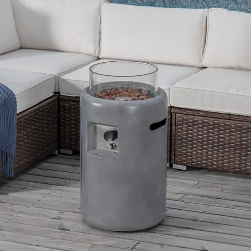 Vista 2 de COSIEST Mesa para fogata de propano para exteriores con base compacta de piedra angular redonda de grafito de 16 pulgadas y protector de viento