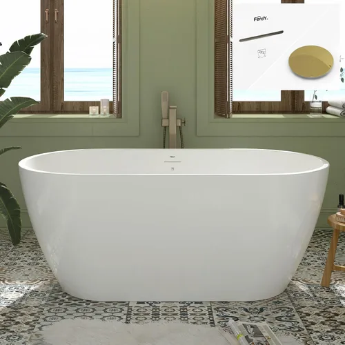 Vista 49 de FerdY Bañera independiente de acrílico Bali de 47 pulgadas, bañera independiente con forma elegante, certificado cUPC, drenaje dorado cepillado