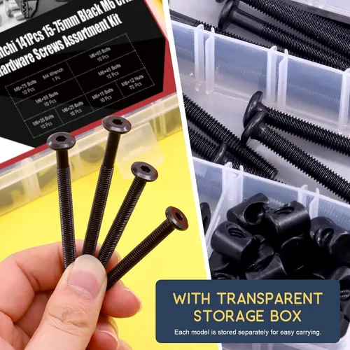 Vista 6 de Hilitchi M6 140 piezas de tornillos de cabeza hexagonal negra, tornillos, tuercas de barril, kit surtido de accesorios para cuna, cama de bebé