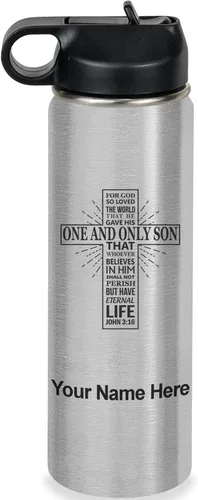 Vista 47 de LaserGram Botella de agua personalizada, versículo bíblico John 3-16, acero inoxidable de doble pared aislada al vacío con popote superior, regalo
