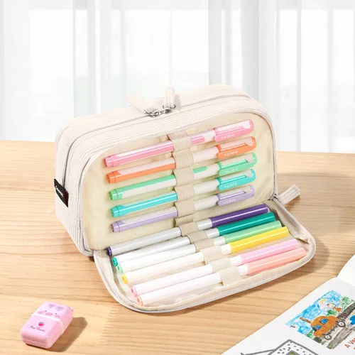 Vista 6 de Sooez Estuche de Lápices de Gran Capacidad con Funda para Bolígrafos, Bolsa de Lápiz de Corduroy Suave con 3 Compartimentos, Múltiples Bolsillos