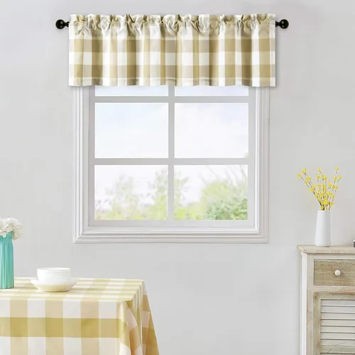 Vista 2 de VOGOL Cenefa de cuadros marrón con textura de lino para dormitorio, sala de estar, diseño de bolsillo para barra, fácil de colgar, 52 x 12 pulgadas