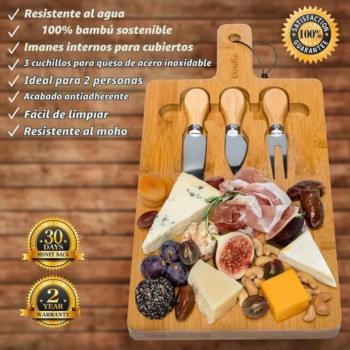 Vista 2 de BlauKe - Tabla de queso de bambú con cubiertos (incluye 3 cuchillos de queso)
