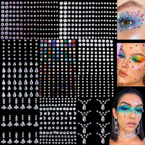 Vista 9 de 6 hojas de joyas para la cara, gemas para la cara, diamantes de imitación autoadhesivos para maquillaje, accesorios para disfraces de festivales