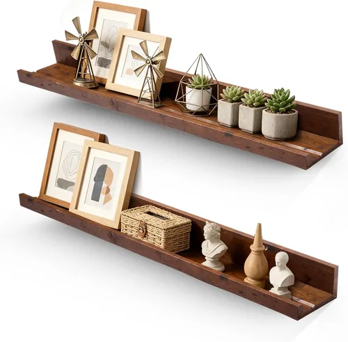Vista 31 de Muzilife Estantes Flotantes de Pared Pequeños de 12" con Borde - Juego de 2 Estantes Flotantes de Madera - Repisa Negra Montada en Pared
