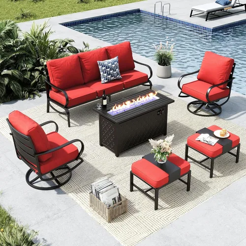 Vista 11 de MFSTUDIO Juego de 4 piezas de conversación para patio, marco de metal para todo tipo de clima, muebles de exterior con 1 mesa rectangular de propano