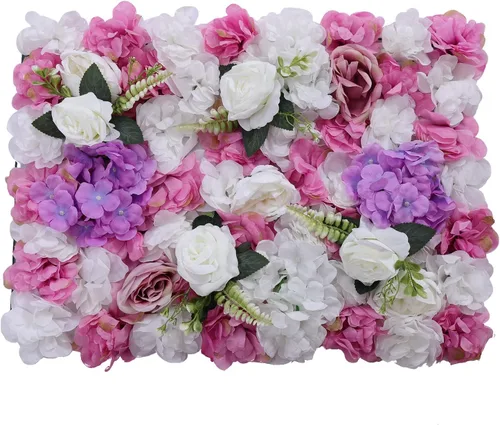 Vista 16 de Paneles de flores artificiales para decoración de pared, 6 piezas de rosas falsas, peonía, eucalipto, telón de fondo de pared de rosas para fiesta 6
