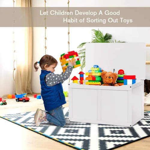Vista 2 de Costzon Caja de juguetes de madera para niños, baúl y banco de almacenamiento para niños con tapa abatible, bisagras, organizador de almacenamiento