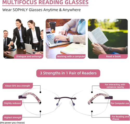 Vista 3 de Gafas de lectura progresivas multienfoque para mujer, multifocal, sin marco, para mujer, con bloqueo de luz azul trifocal