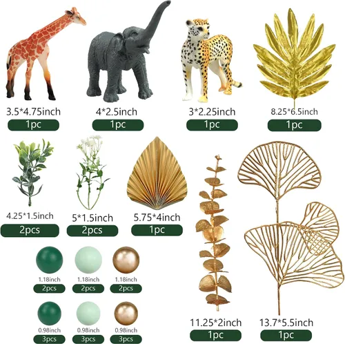 Vista 2 de 26 piezas de decoración de pasteles de animales de la selva, figuras de animales de safari, palmeras doradas, selva salvaje, animales salvajes