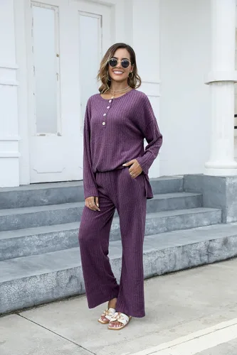 Vista 2 de Conjunto de 2 piezas para mujer, sudadera de gran tamaño con botones y pantalones de descanso a juego