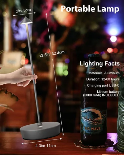 Vista 4 de Lámparas de mesa inalámbricas recargables, 6000 mAh, funciona con pilas, lámpara de escritorio LED para exteriores, impermeable, portátil, táctil