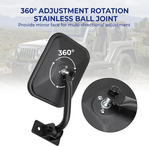 Vista 5 de Espejos mejorados para puertas compatibles con Wrangler TJ JK JKU, espejos retrovisores laterales que no vibran ni tambalean, kit de reubicación