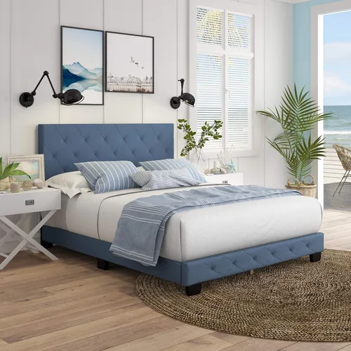 Vista 17 de Boyd Sleep Pisa - Base de cama de terciopelo azul tamaño Queen totalmente tapizada con cabecero ajustable, no requiere somier, fácil montaje, sin