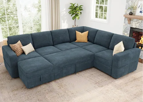 Vista 13 de HONBAY Sofá cama modular modular con cama extraíble, sofá en forma de L con almacenamiento, sofás modulares seccionales para sala de estar