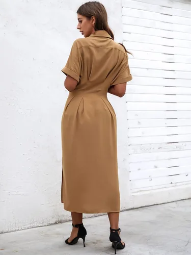 Vista 2 de MakeMeChic Vestido largo y fluido para mujer con cuello de murciélago, con abertura frontal, con botones