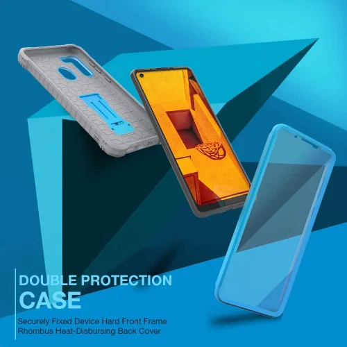 Vista 6 de FITO Funda para Samsung Galaxy A21, doble capa a prueba de golpes resistente con protector de pantalla para teléfono Samsung A21, soporte Azul
