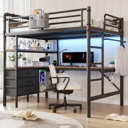 Vista 9 de Cama tipo loft de tamaño individual con escritorio en forma de L, luces LED, estación de carga, marco de cama de metal industrial resistente con 3