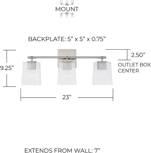 Vista 5 de Capital Lighting 141731BN-508 Lexi - Soporte de pared para tocador de baño, 3 luces, 300 vatios totales, 9 pulgadas de alto x 23 pulgadas de ancho