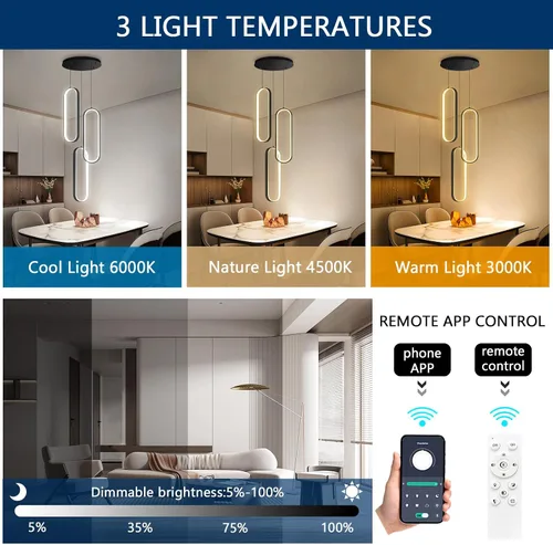Vista 3 de Lámpara de Araña de Anillo Moderna LED Regulable Luz de Techo para Isla de Cocina Sala de Estar Escaleras Comedor Negro