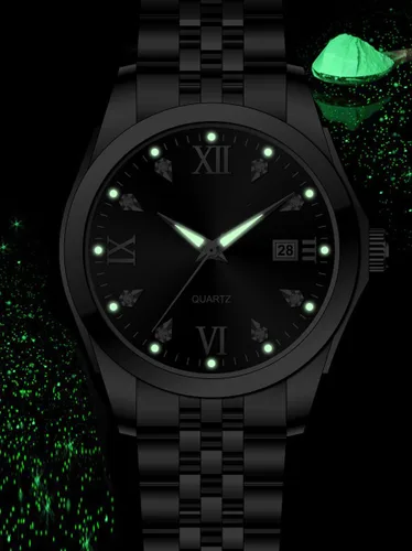 Vista 6 de Reloj de pulsera para mujer, reloj de cuarzo de acero inoxidable, luminoso, impermeable, reloj de negocios para mujer Rosa