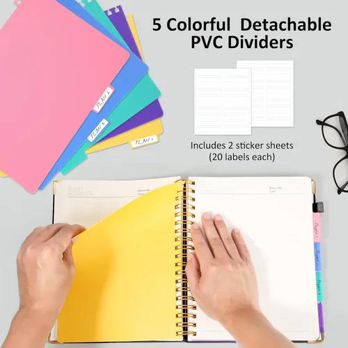 Vista 5 de Cuaderno de espiral con tapa dura, cuadernos B5 grandes de 8"x10", con divisores extraíbles y pestañas, 300 páginas, cuaderno de 5 asignaturas