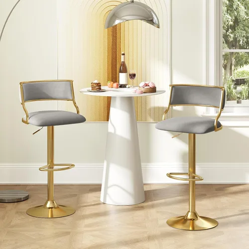 Vista 7 de COSTWAY Taburete giratorio moderno de altura ajustable, juego de 2, gris y dorado Velvet Upholstered Island Stools with Barrel Back & Footrest