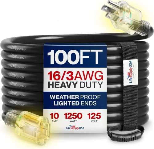 Vista 123 de Cable de extensión SJT de 12/3 300 V con luz LED para uso en interiores y exteriores con enchufe con iluminación LED Amarillo