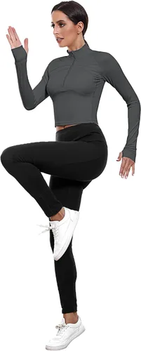 Vista 6 de Neer Paquete de 2 chaquetas de manga larga para mujer, con cremallera de 12, ombligueras de yoga, ajustadas, para correr, con agujeros para el pulgar