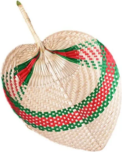 Vista 8 de Abanicos de mano de rafia de bambú natural, abanico de bambú de hoja de palmera, estilo chino, hecho a mano, diseño plegable tejido rústico