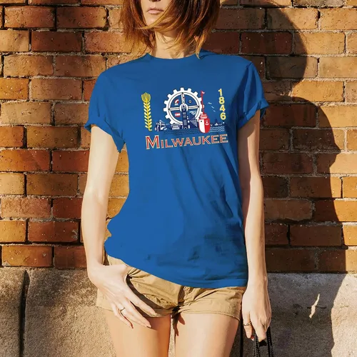 Vista 5 de UGP Campus Apparel Camiseta básica de algodón con banderas de la ciudad de Estados Unidos, orgullo natal, Milwaukee Azul Real