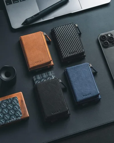 Vista 6 de VULKIT Tarjetero de crédito con bolsillo de cuero con cremallera desplegable con bloqueo RFID, funda de metal delgada, marino