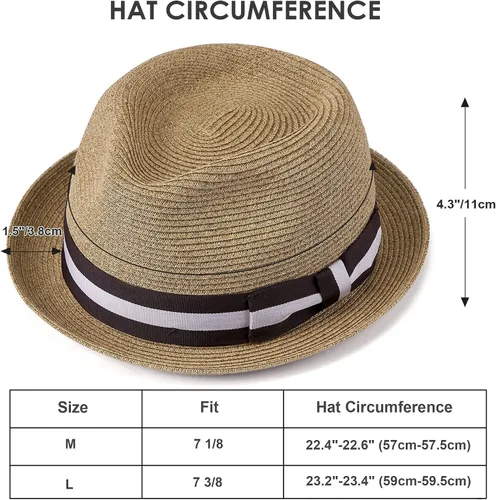 Vista 5 de AKIO&AQUIRAX Sombreros de Fedora para hombre con ala corta, sombreros de paja para hombres y mujeres, sombreros de sol de verano con correa ajustable