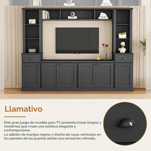 Vista 4 de Merax Minimalist 103" Entertainment Wall Unit Set with Overhead Bridge for TVs Up to 75", Modern Large Media Console with Adjustable Shelves, Ample