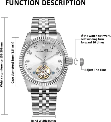 Vista 2 de BUREI Reloj automático de lujo para hombre, resistente al agua, reloj mecánico, correa ajustable de dos tonos de acero inoxidable