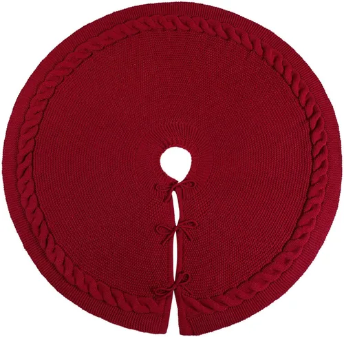 Vista 7 de Falda de árbol de Navidad de 48 pulgadas: falda de árbol de punto de cable para árbol de 7.5 pies, falda de árbol rojo vino, faldas de árbol
