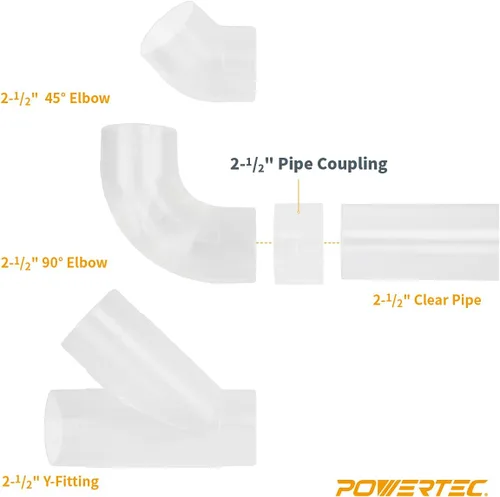 Vista 3 de POWERTEC 70469 Tubo de PVC transparente de 2-1/2" x 36" de largo, codo de 90 grados OD de 2-1/2" y acoplamiento de tubería de 2-1/2" para manguera