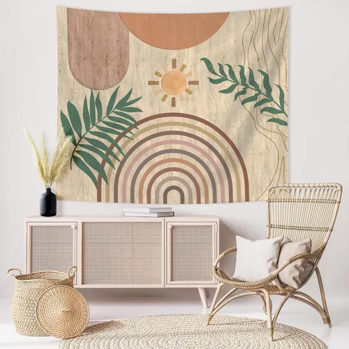 Vista 6 de SUOTEMEIFEI Tapiz de arte bohemio con plantas, tapiz retro con plantas, puesta de sol, paisaje, estético, abstracto, para pared, dormitorio, sala
