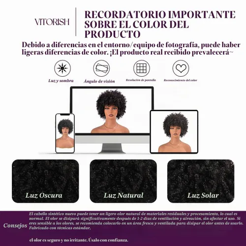 Vista 6 de Vitorish Peluca corta afro rizada con flequillo para mujeres negras, peluca sintética resistente al calor, color negro natural, para uso diario